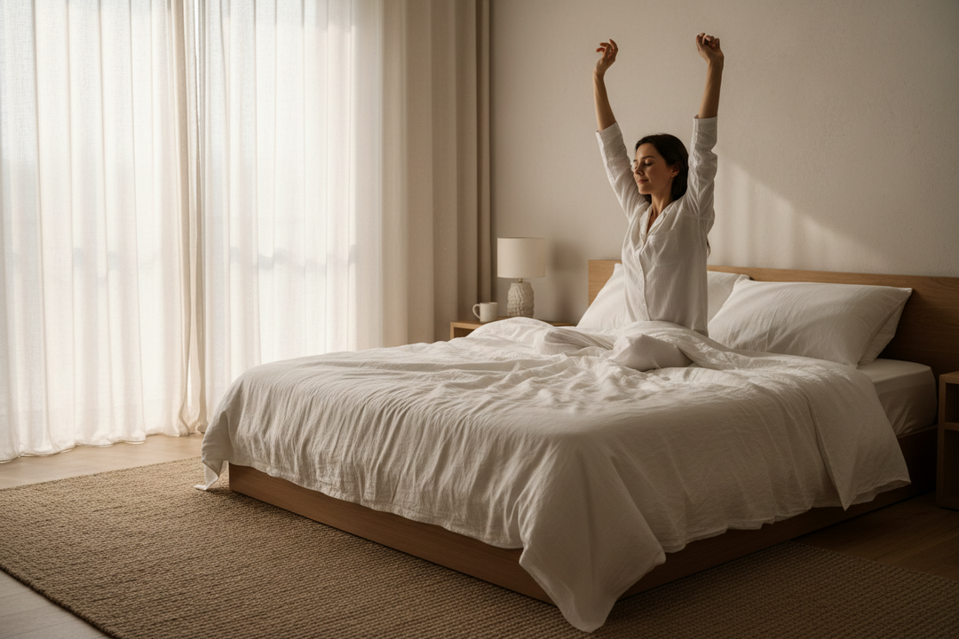 Person waking up refreshed in a serene bedroom