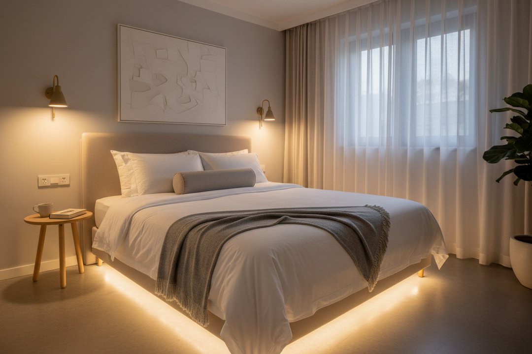 Cozy bedroom with soft lighting and premium bedding